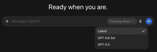 The ChatGPT chat-side model picker on my own account, September 5, 2026