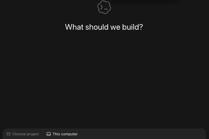 Codex New chat screen in the ChatGPT desktop app asking What should we build?, with Choose project unselected and This computer picked
