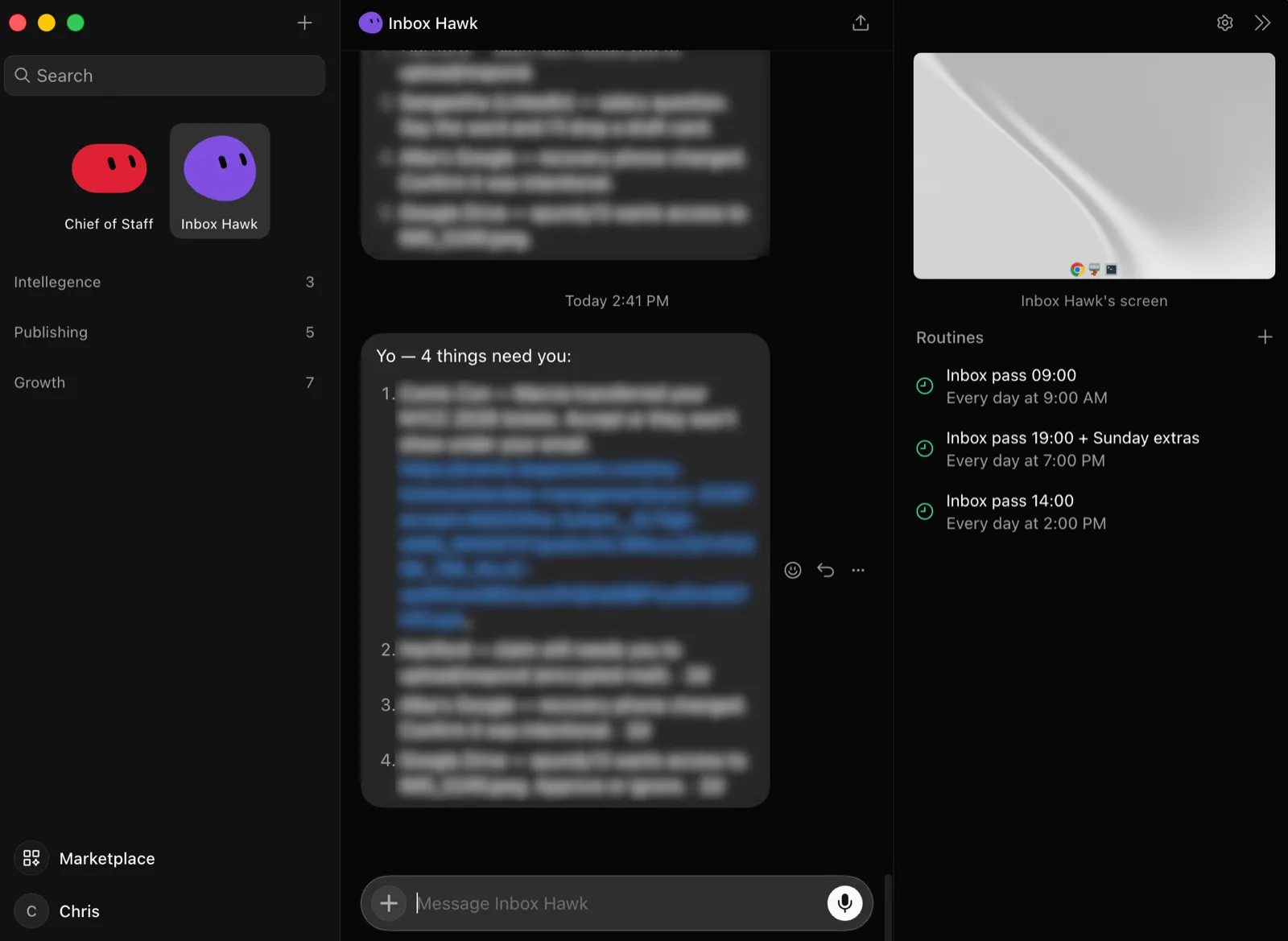 Chris's inbox bot with three daily inbox passes scheduled