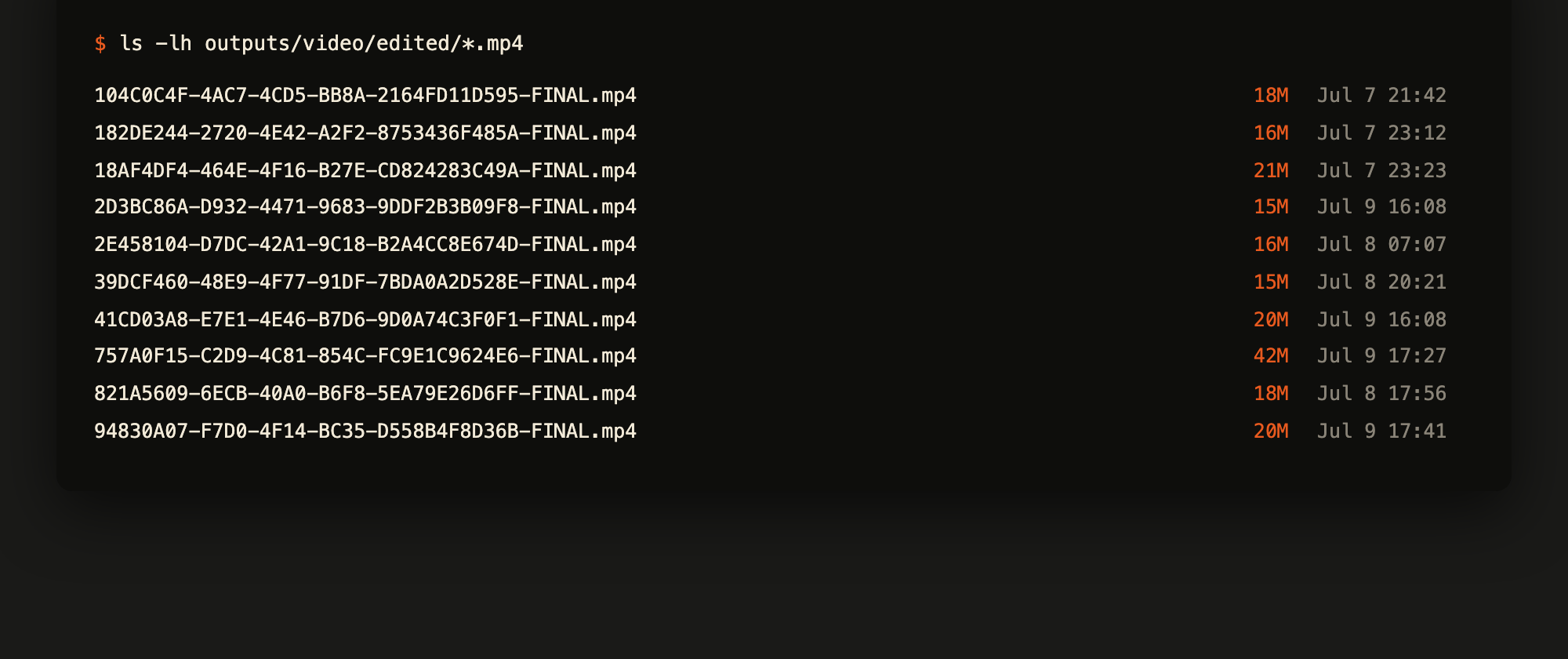 The video agent's real output folder: this week's batch of finished videos, edited hands-off