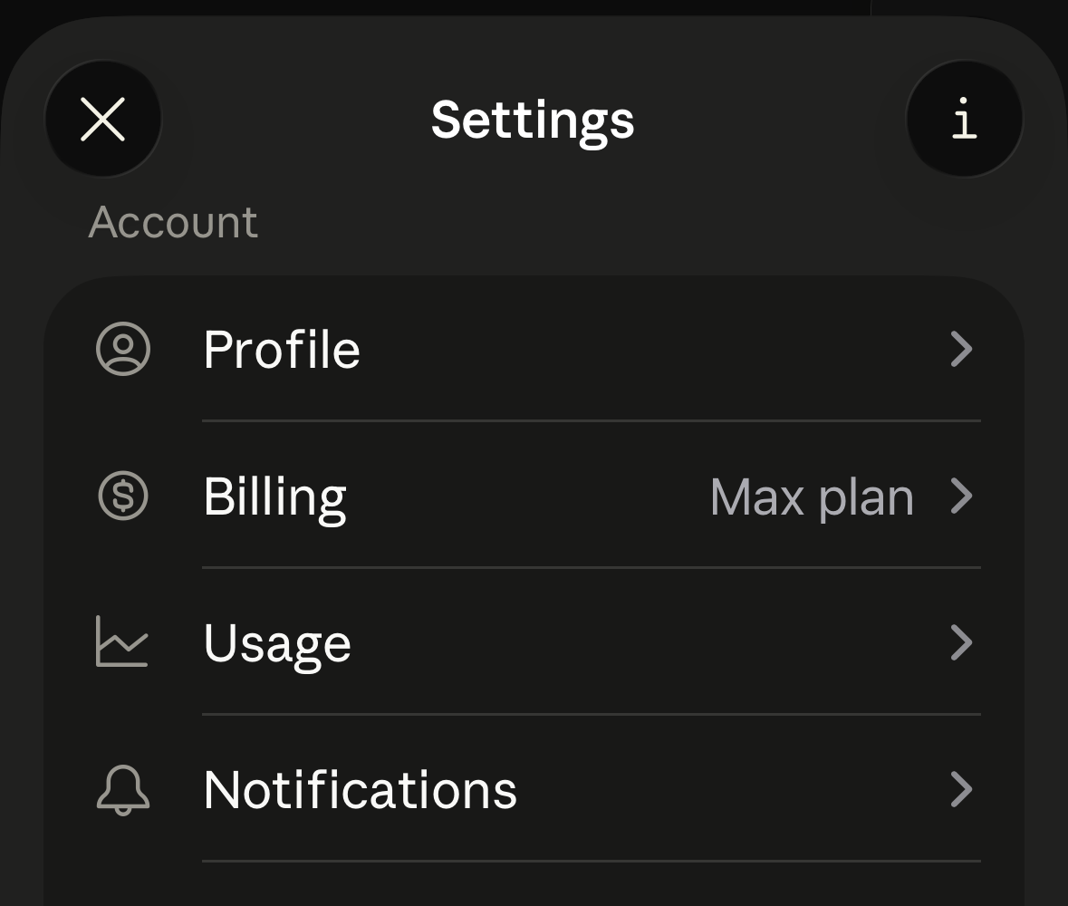 Claude app billing settings showing the Max plan on my account