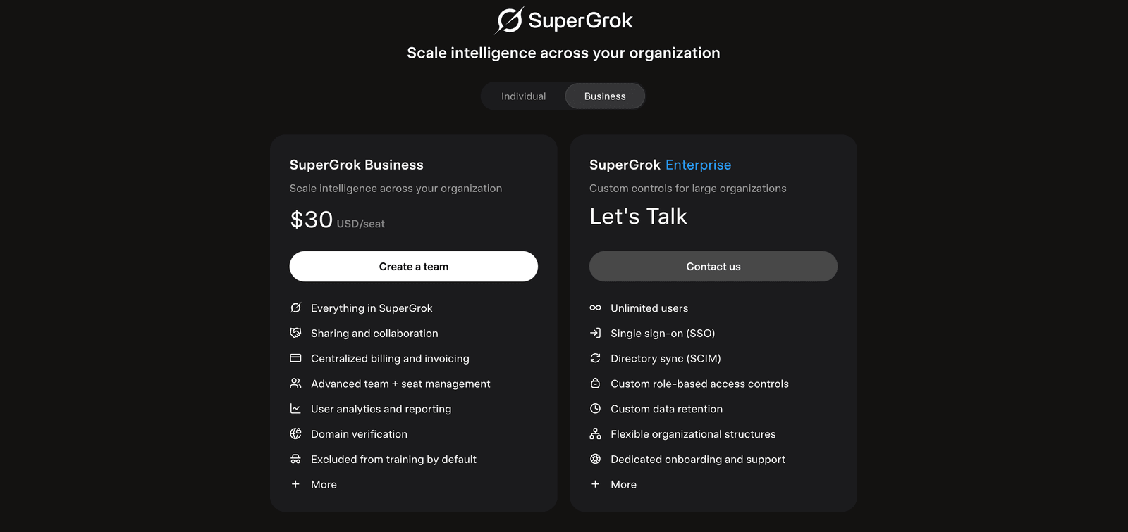 xAI's signed-in subscription screen, Business tab: SuperGrok Business at $30 USD per seat, and SuperGrok Enterprise with a Let's Talk button