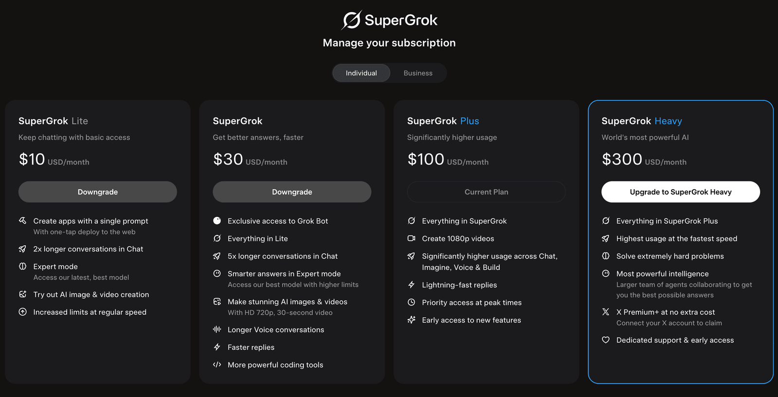 xAI's signed-in subscription screen showing four individual plans: SuperGrok Lite at $10 USD per month, SuperGrok at $30, SuperGrok Plus at $100 marked Current Plan, and SuperGrok Heavy at $300, each with its feature bullets