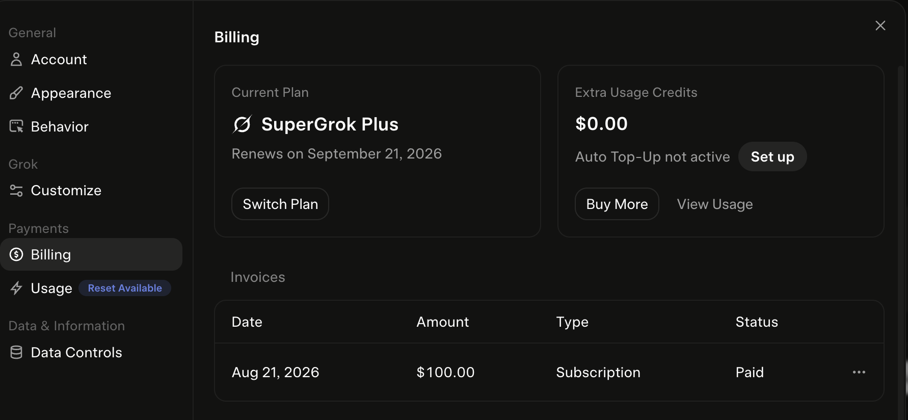 My SuperGrok Plus billing screen showing the $100 plan and its renewal date
