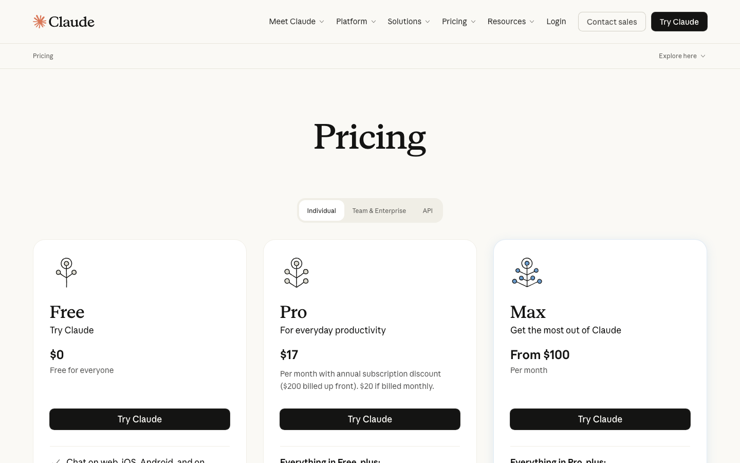 Claude's live pricing page on July 31, 2026: Free at $0, Pro at $17-20, Max from $100