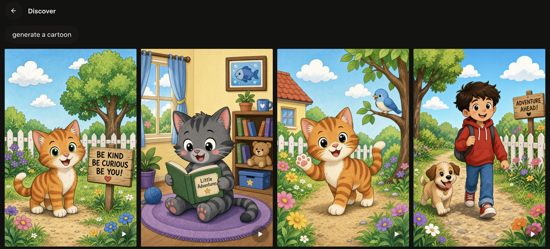 Grok Imagine's Discover view showing a generated cartoon set from the prompt "generate a cartoon", four variations in a row