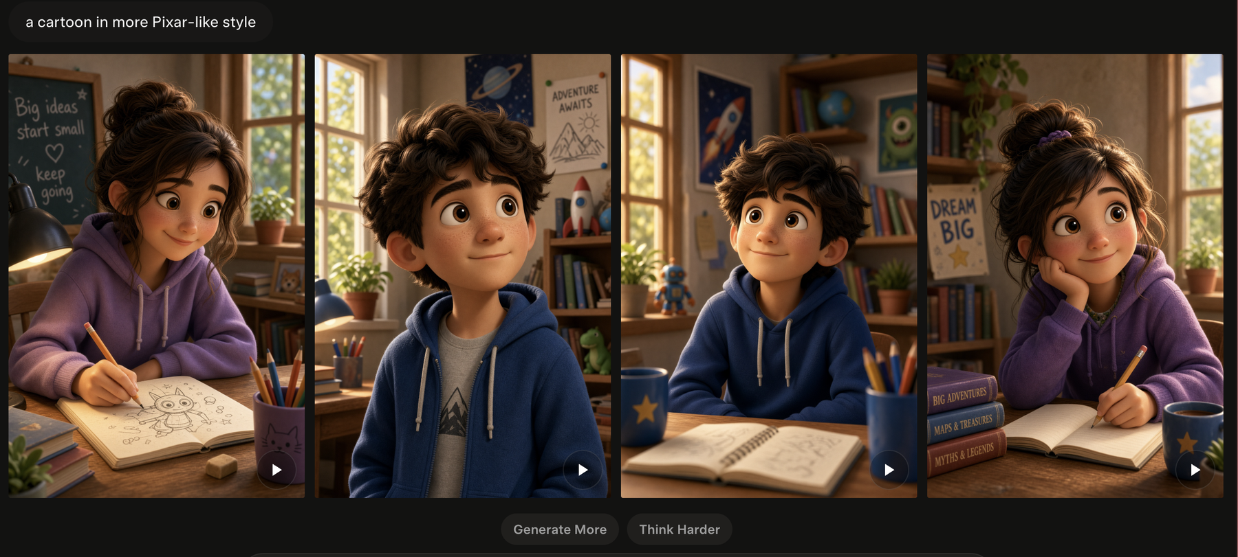 The Grok Imagine result grid: the prompt "a cartoon in more Pixar-like style" with four generated character variations, and Generate More and Think Harder buttons underneath