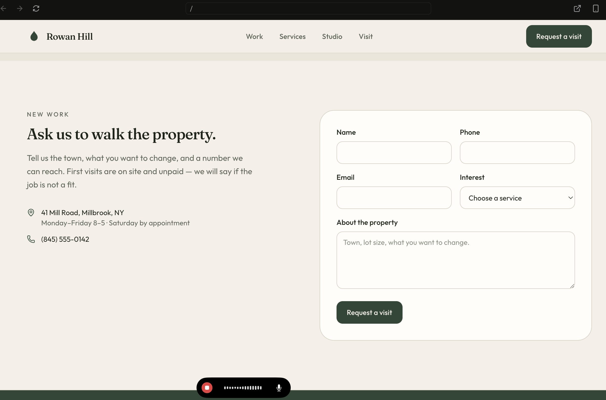 The contact section of the generated site: a form with Name, Phone, Email, an Interest dropdown reading Choose a service, and an About the property text area, next to an address and a 555 phone number
