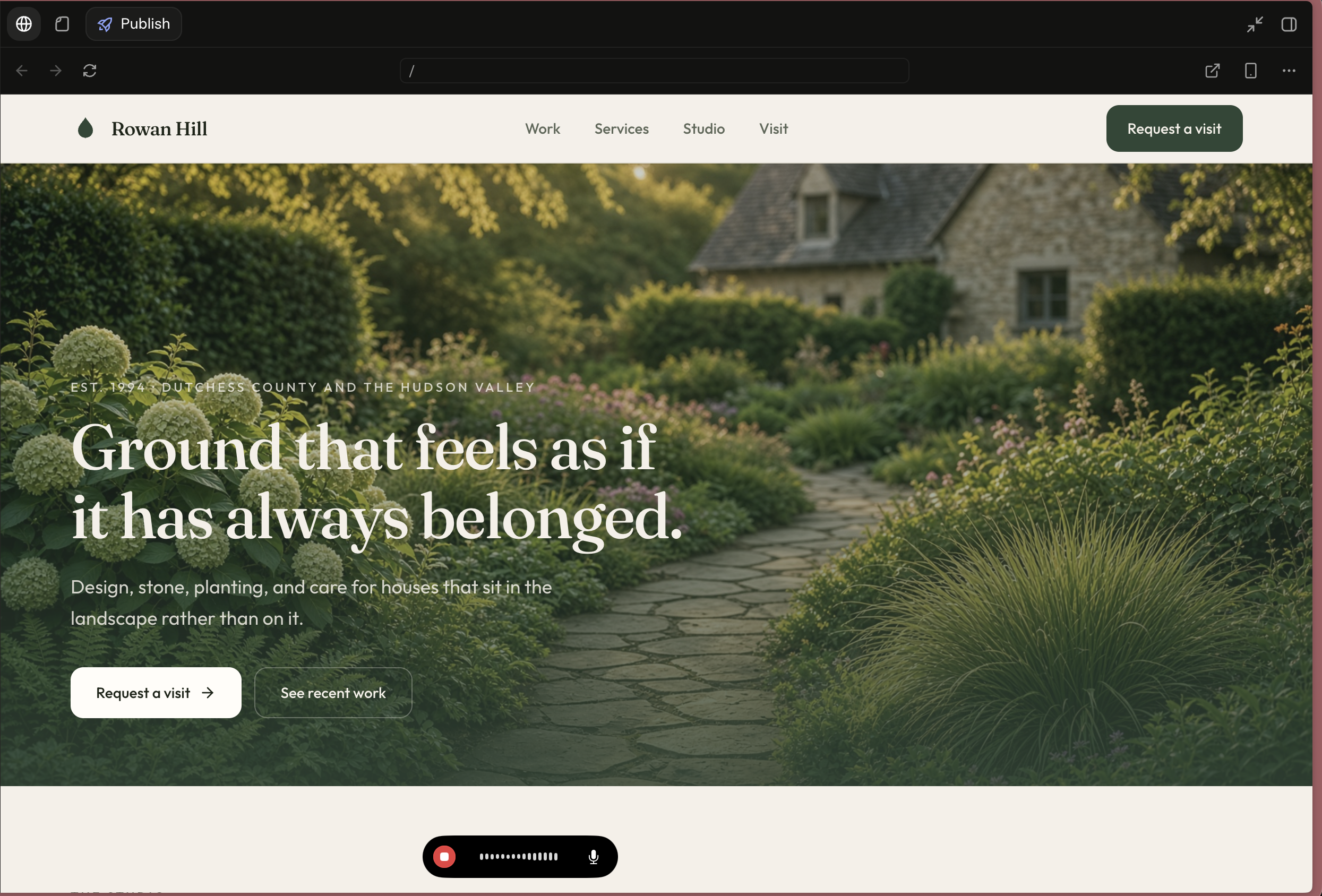 The finished landscaping one-pager in the Grok Build preview: a business called Rowan Hill with a hero headline reading Ground that feels as if it has always belonged, and a Publish button in the toolbar