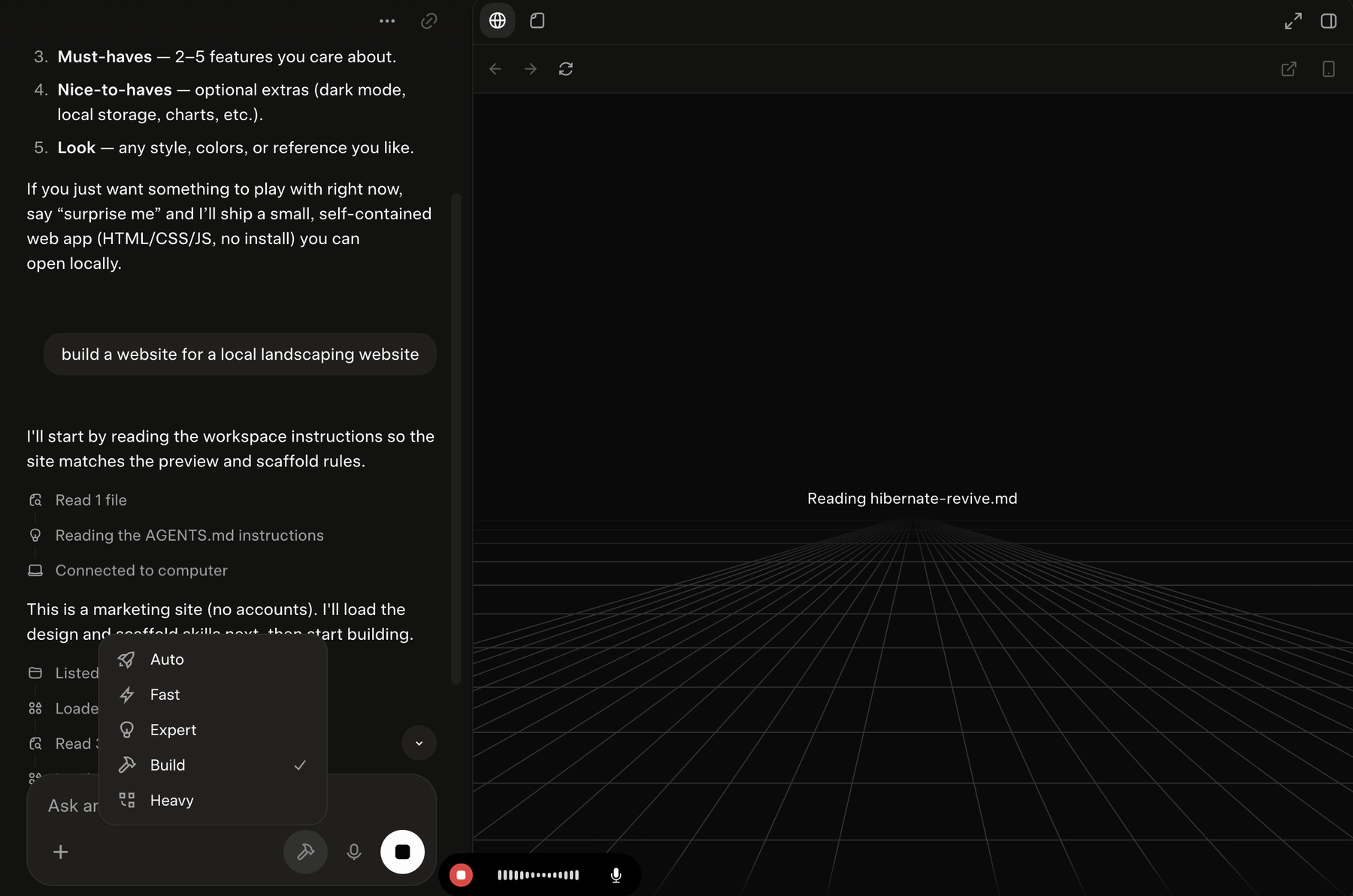 The Grok mode menu open in a Build session, showing five entries: Auto, Fast, Expert, Build with a checkmark, and Heavy, next to a live preview pane